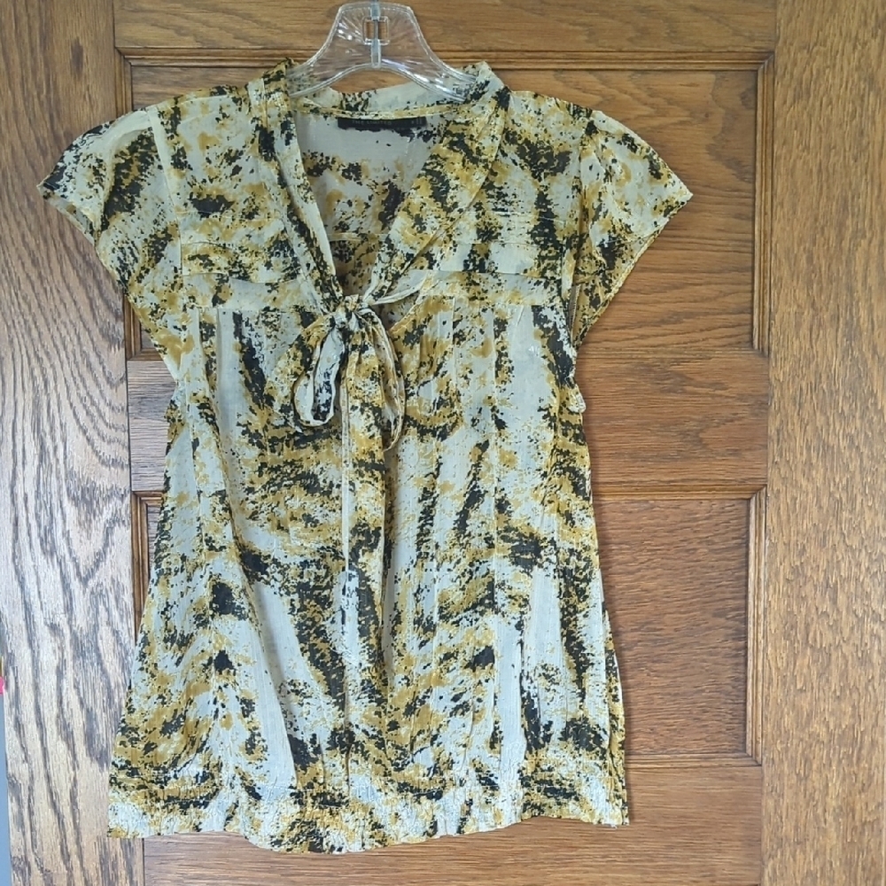 The Limited Sheet Short Sleeve Neck Tie Elastic Waist Polyester Abstract Blouse